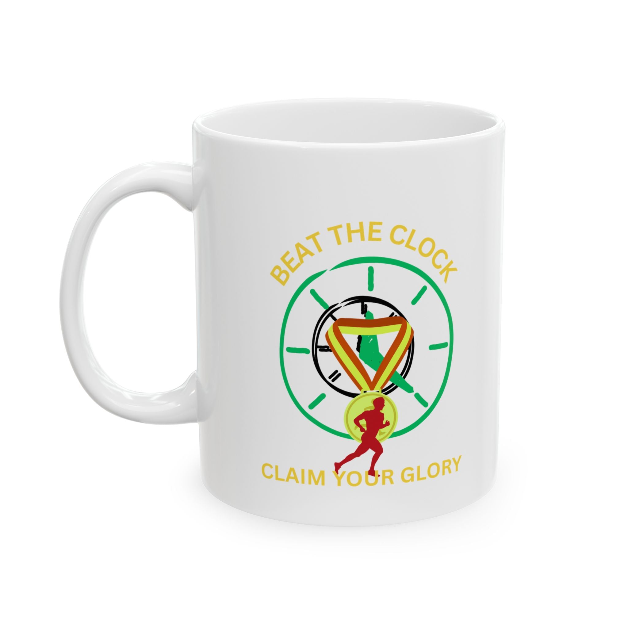 Motivational Running Mug – "Beat the Clock, Claim Your Glory" Ceramic Coffee Cup (11oz/15oz) - Dreams Deals Store