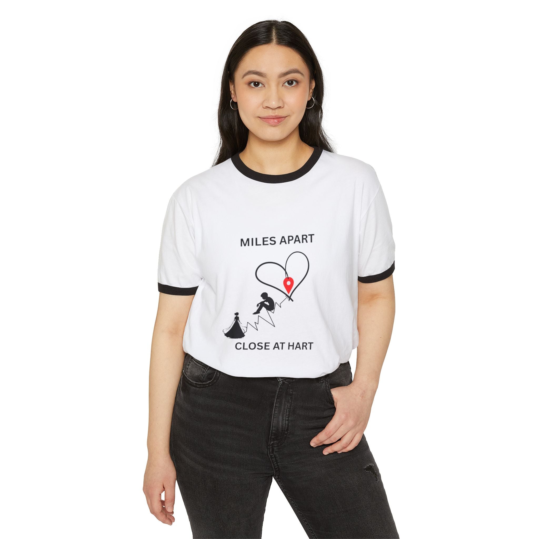 Long-Distance Love Ringer Tee — “Miles Apart, Close at Hart” Couple Shirt - Dreams Deals Store