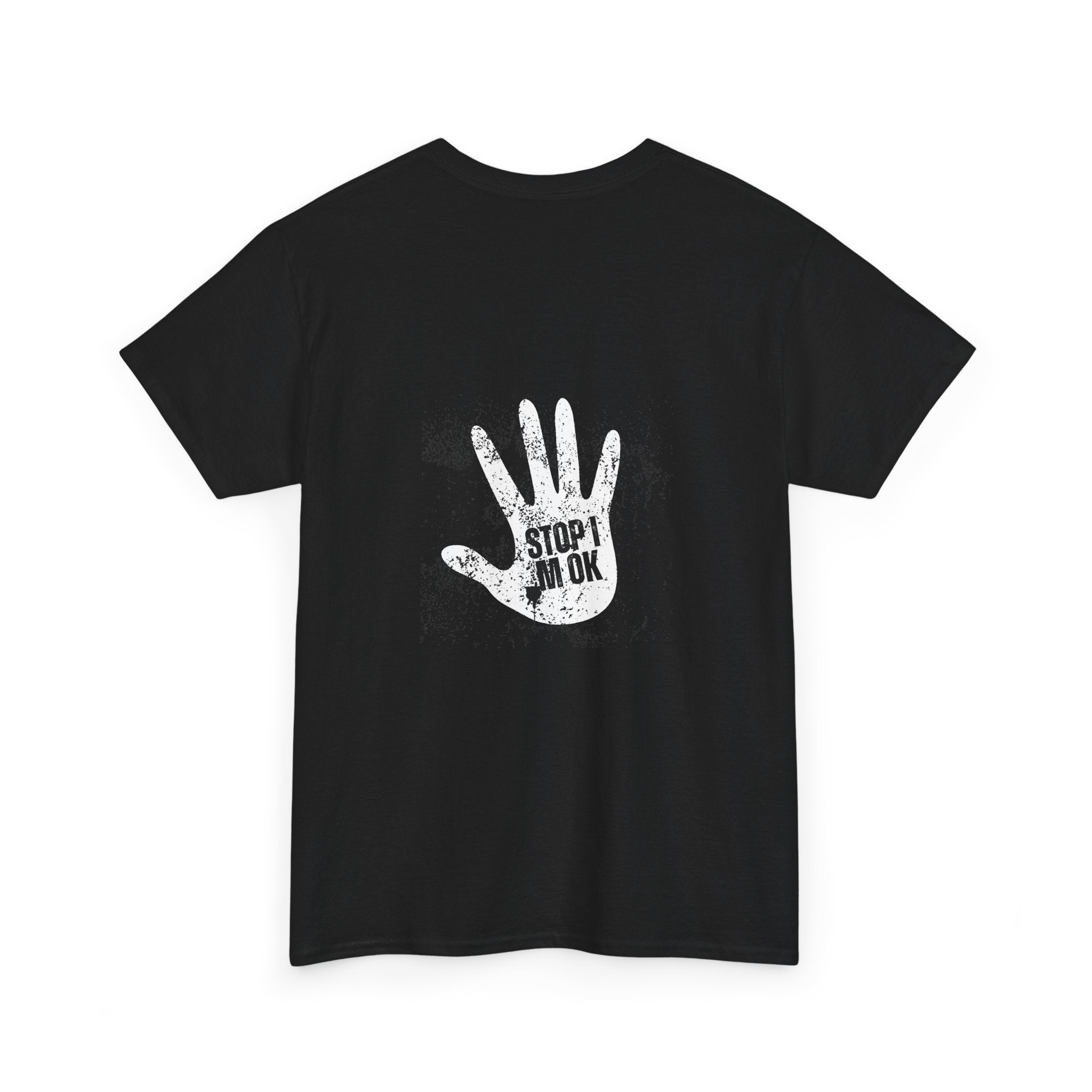 T‑Shirt — Distressed White Hand Print “Stop I’m Ok” Graphic Tee - Dreams Deals Store
