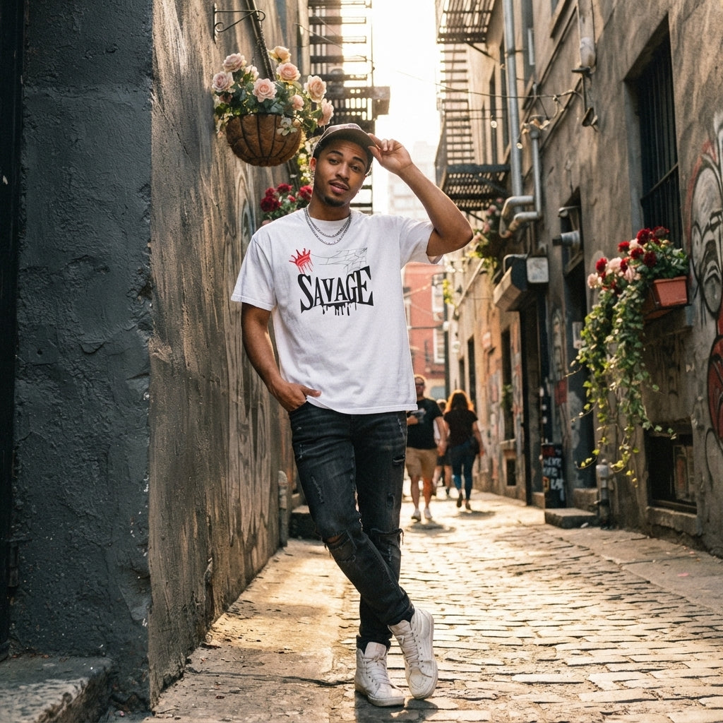A young man wearing a graphic Savage Crown t-shirt with a red crown accent, standing in an urban setting with a charcoal and 