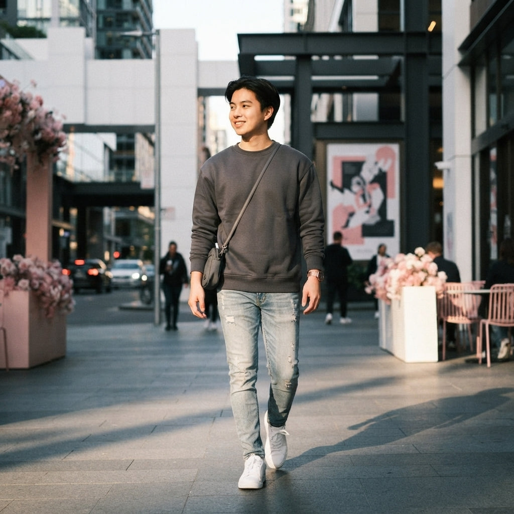 A person wearing a charcoal gray crewneck sweatshirt while walking on a city sidewalk.