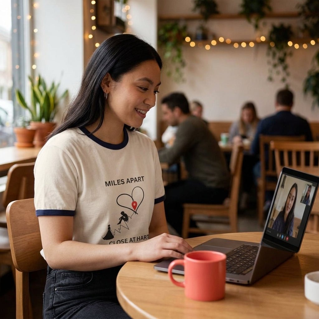 Long-Distance Love Ringer Tee — “Miles Apart, Close at Hart” Couple Shirt - Dreams Deals Store