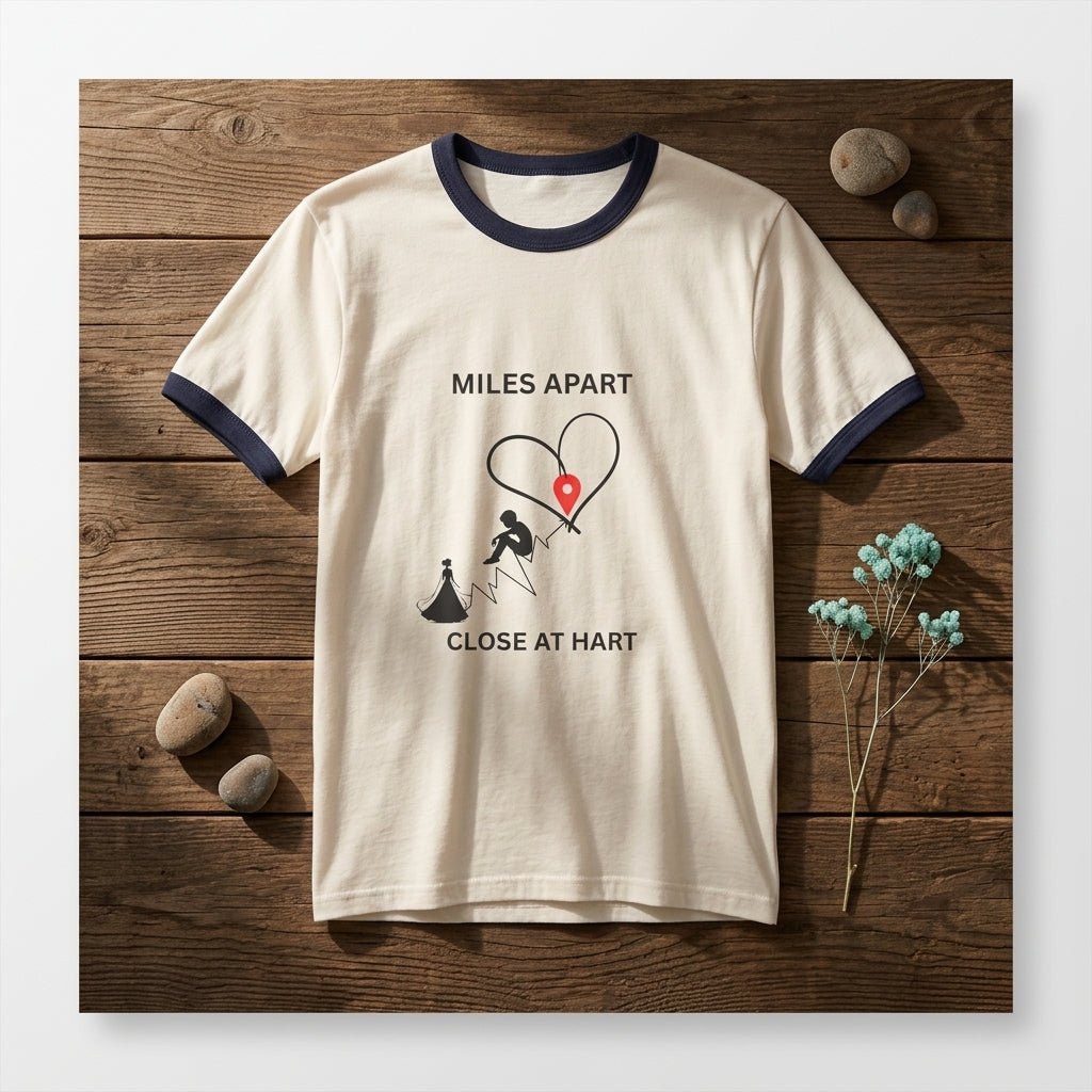 Long-Distance Love Ringer Tee — “Miles Apart, Close at Hart” Couple Shirt - Dreams Deals Store