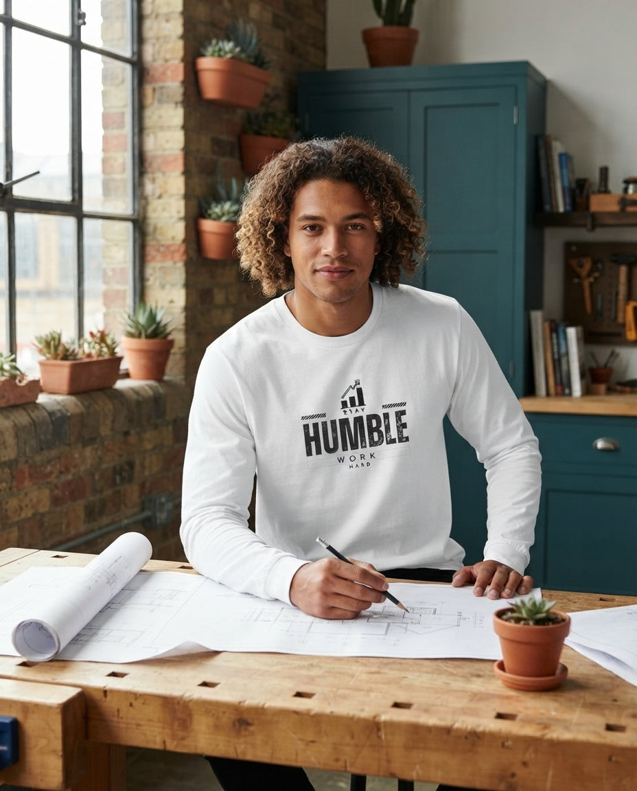Humble Hustle Long Sleeve Tee — 'HUMBLE' Motivational Graphic Shirt - premium-split-layout